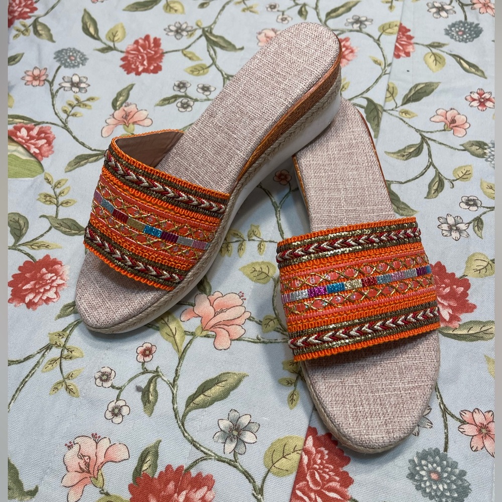 Orange Embroidered Slip On Wedge Sandals